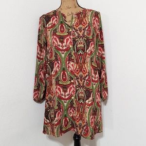 Tilly Anne green red paisley print long sleeve dress tunic Small EUC